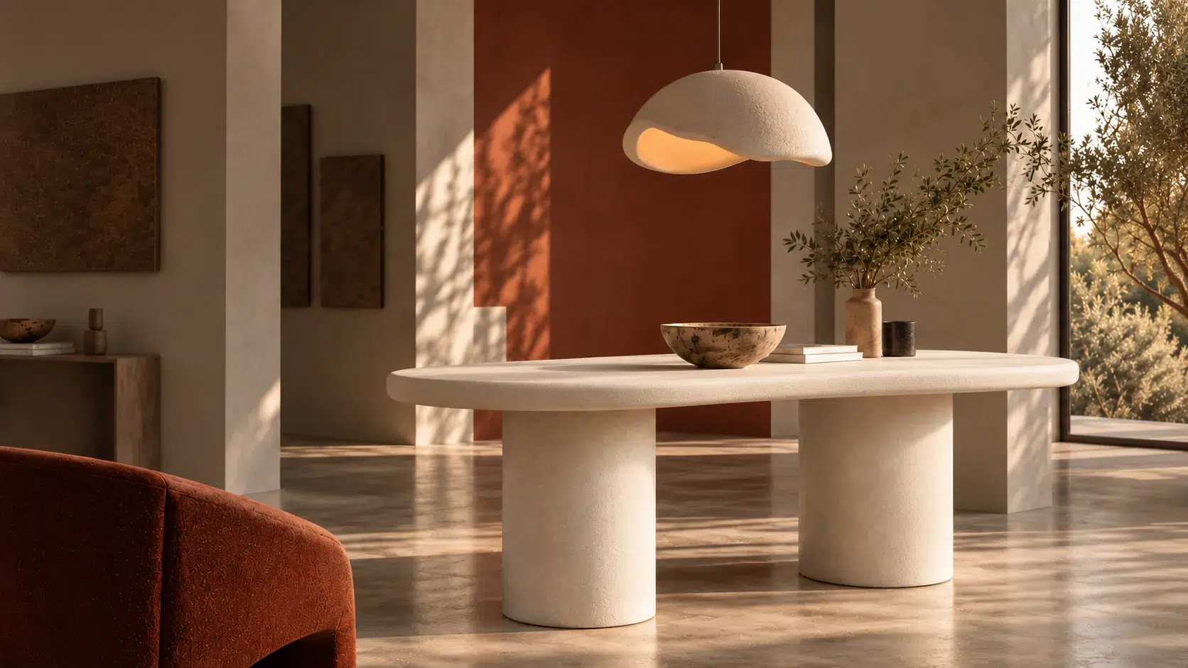 Microcement dining table with rounded pedestal legs